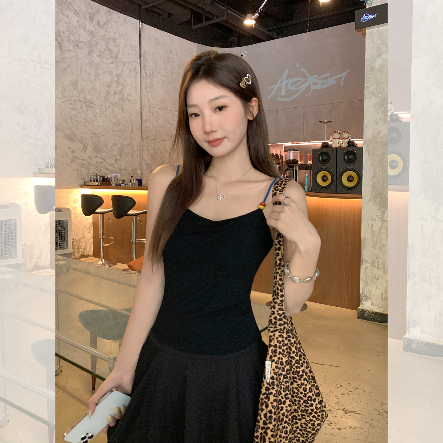 实拍实价甜辣妹黑色修身小吊带背心女2025新款漏锁骨外穿上衣