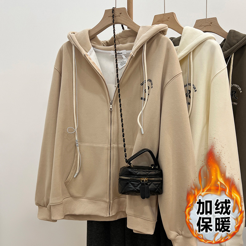 实拍实价美式复古连帽卫衣女秋冬宽松小众刺绣拉链外套气质上衣