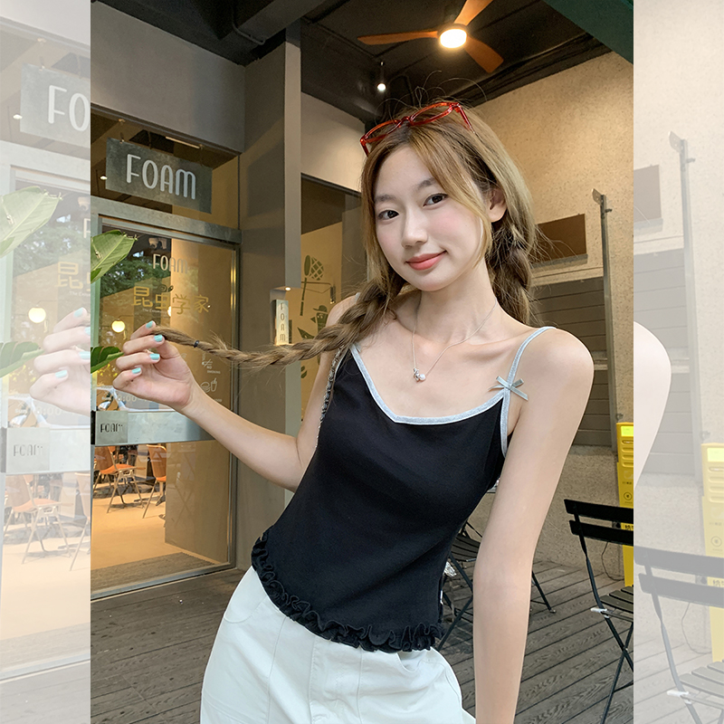 实拍实价韩系纯欲独特木耳边撞色吊带背心女夏新款性感蝴蝶结上衣