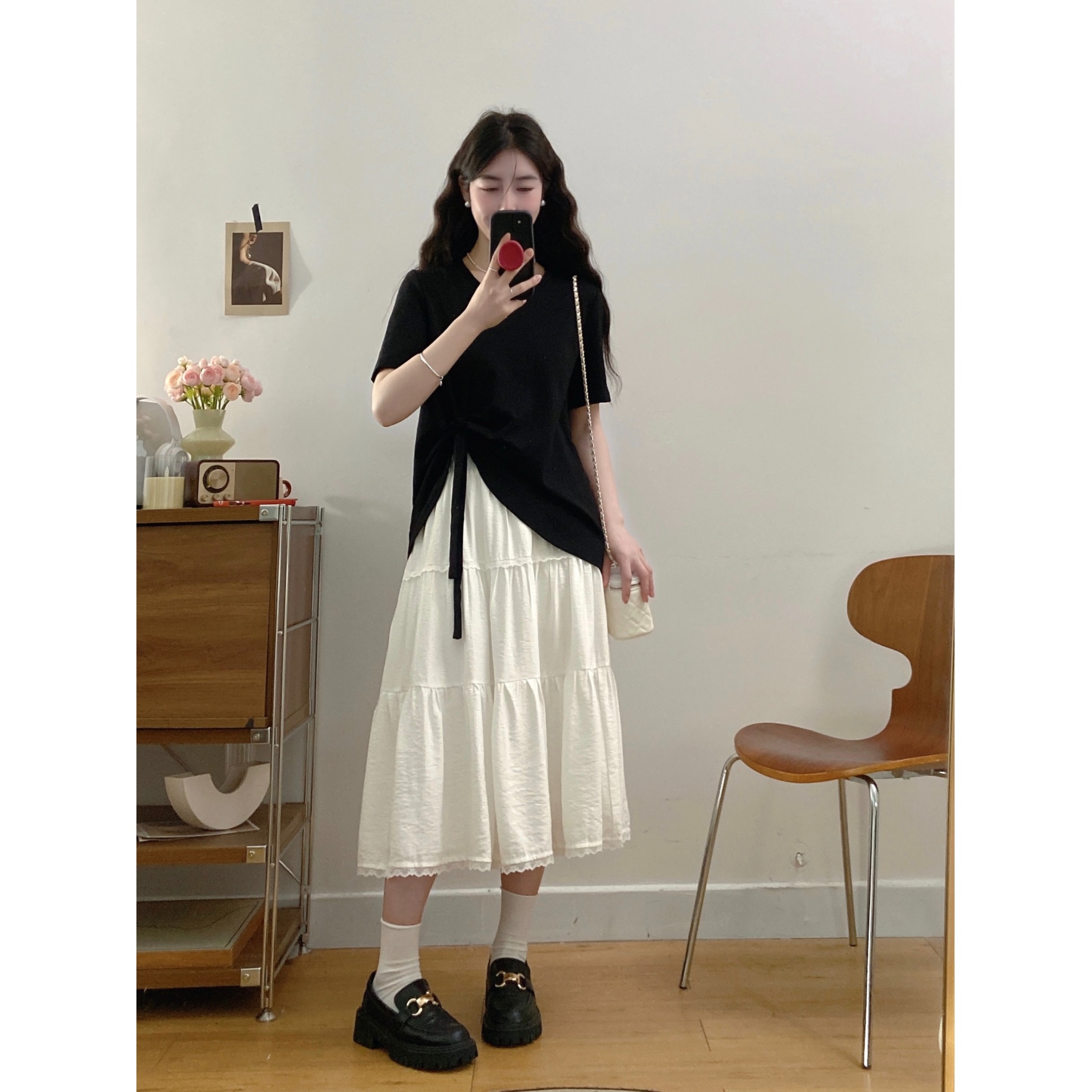 大码女装韩剧穿搭套装夏季蝴蝶结上衣胖MM遮肚显瘦蛋糕裙子两件套