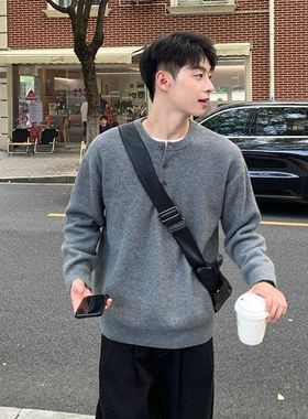 灰色亨利领加厚毛衣内搭男生秋冬季2025新款宽松高级感针织衫上衣