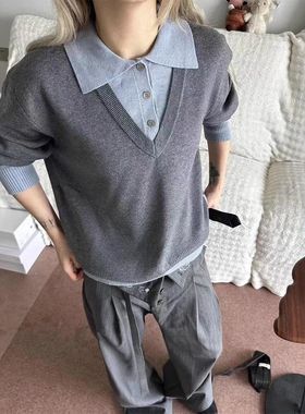 灰色假两件Polo领毛衣男款秋季美式V领针织衫cleanfit老钱风上衣