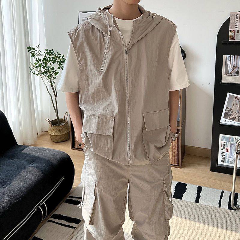 2023拉链连帽马甲工装裤套装男ins小众设计感宽松休闲无袖T恤长裤,男装,其他套装,淘宝优惠券,粉丝福利购,淘宝优惠卷