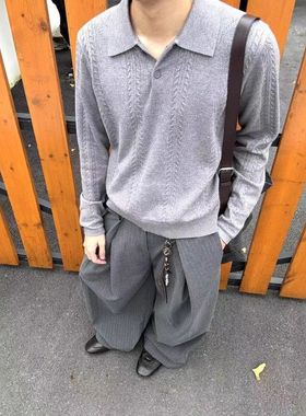 灰色美式麦穗纹肌理感针织衫长袖男女款秋冬新款老钱风polo领上衣