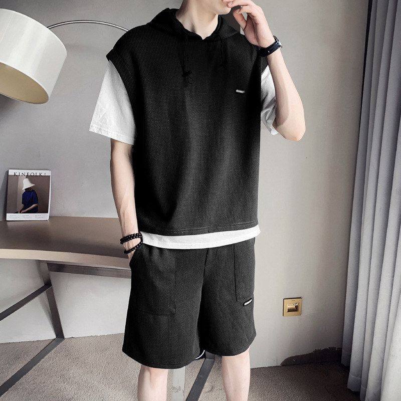 华夫格假两件连帽短袖短裤套装男韩版潮流宽松夏季薄款T恤两件套,男装,其他套装,淘宝优惠券,粉丝福利购,淘宝优惠卷