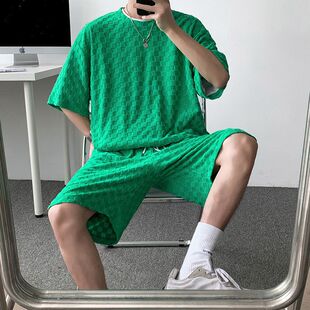 oversize慵懒风潮牌男装高级感棋盘格两件套bei美式复古宽松套装