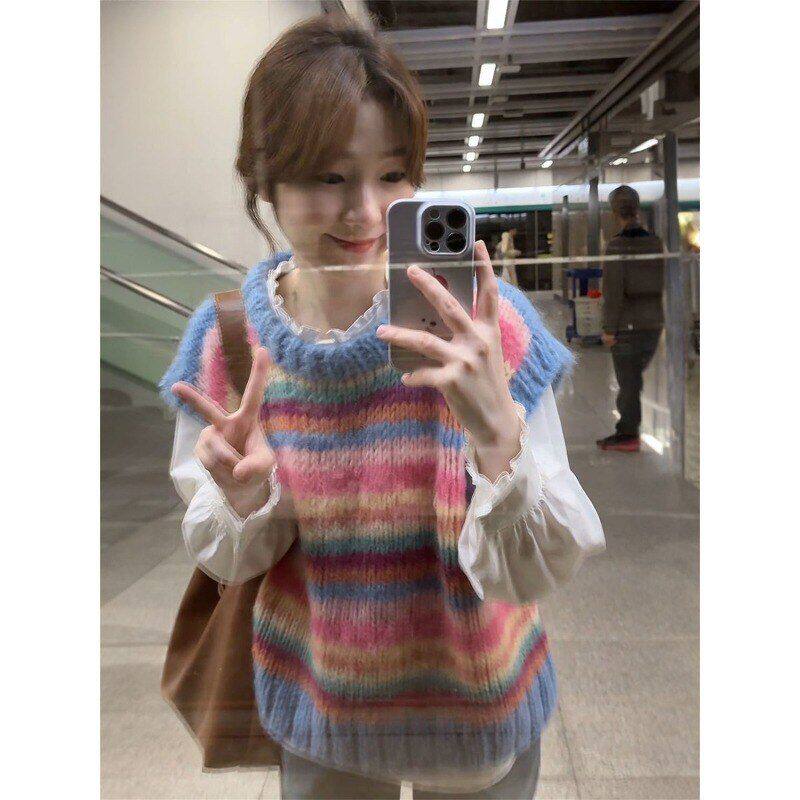 木耳边+条纹装圆领甜美穿背心衬衫一整套搭毛衣针织衫女彩虹马甲