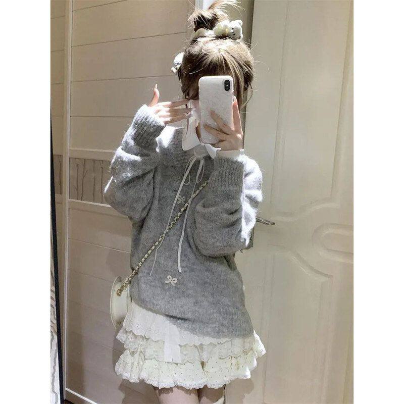 装+穿学院风毛衣雪尼尔秋冬季蝴蝶结搭衬衫一整套针织衫白色刺绣