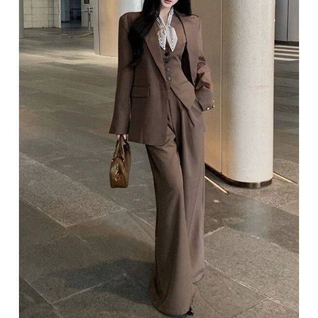 外套西装长袖气质背心阔腿裤马甲春季套装两件套女休闲时尚风老钱