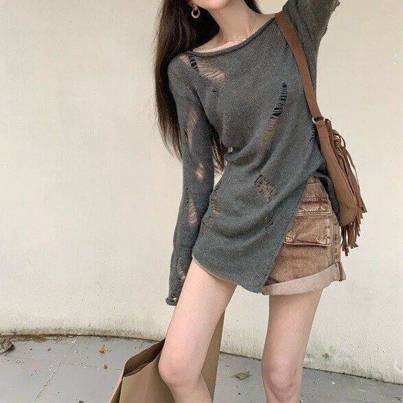 灰色上衣外搭慵懒女春秋风罩衫小众毛衣针织衫设计感防晒港味镂空