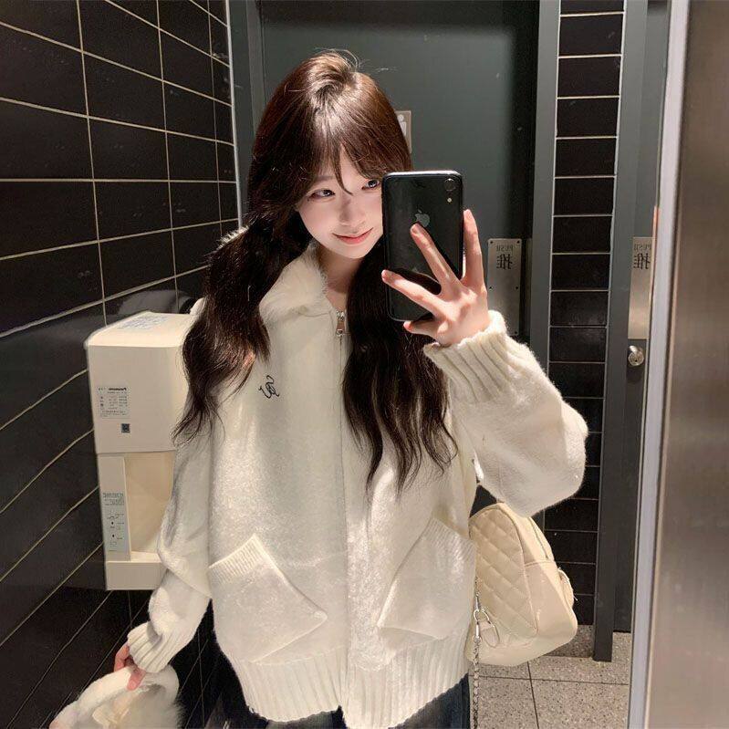 针织衫韩版休闲慵懒风软新款上衣糯大毛领开衫连帽秋冬毛衣外套女