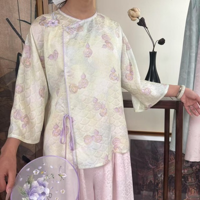 张国权三经绞罗海浪纹紫葫芦上衣新中式国风日常百搭圆领带钢印