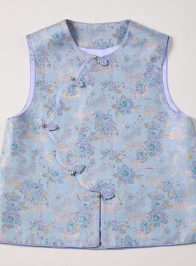 李德喜宋锦麒麟牡丹蓝色新中式马甲2025年春夏新款真丝里衬带钢印