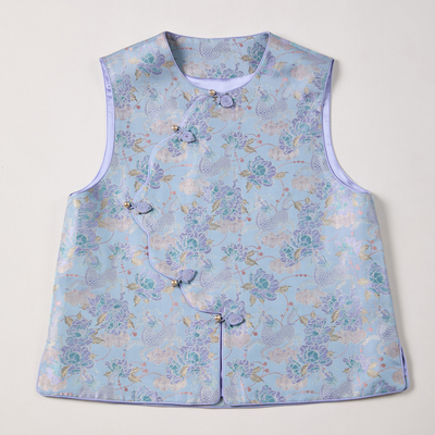 李德喜宋锦麒麟牡丹蓝色新中式马甲2025年春夏新款真丝里衬带钢印