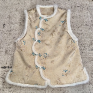 上久楷宋锦织光絮语棉马夹新中式国风进口水貂毛真丝里衬带钢印