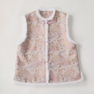 上久楷宋锦瑞彩蝶舞新中式国风真丝里衬蚕丝棉棉马甲毛领带钢印