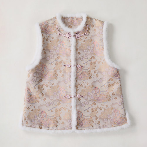 上久楷宋锦瑞彩蝶舞新中式国风真丝里衬蚕丝棉棉马甲毛领带钢印