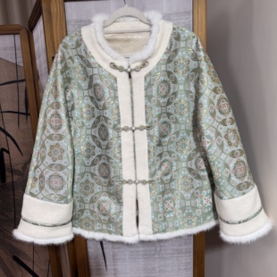 陆美英宋锦绿色宝相花圆领对襟款新中式国风拼接苏利水貂毛带钢印