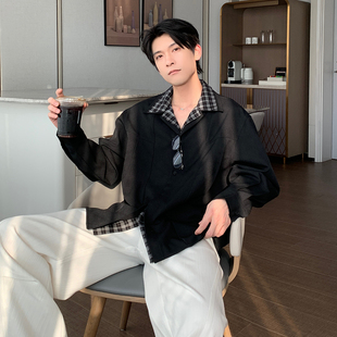 高级感潮流衬衣男装 男生韩版 休闲上衣 拼接假两件衬衫 Hualun春秋季
