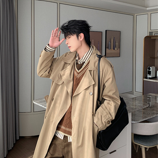 老钱风双排扣纯棉外套 大衣男款 Hualun春秋风衣男生中长款 2024新款
