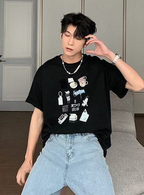 Hualun夏天男生短袖t恤2024新款潮牌潮流纯棉体恤男韩版百搭上衣