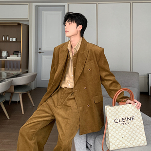 Hualun大学生冬装时尚灯芯绒西装男套装宽松潮流休闲西服三件套