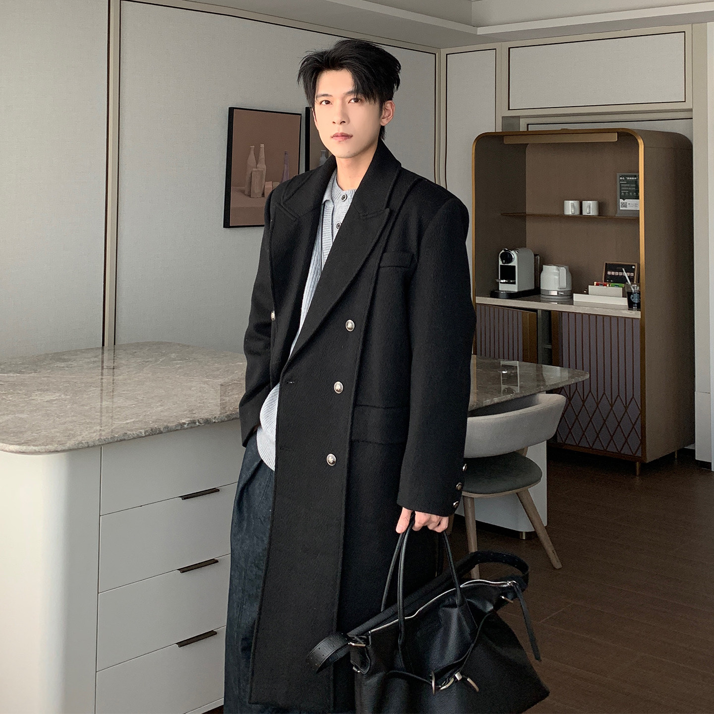 Hualun男士双排扣西装款大衣中长款简约时尚宽松痞帅加厚毛呢外套,男装,毛呢大衣,淘宝优惠券,粉丝福利购,淘宝优惠卷