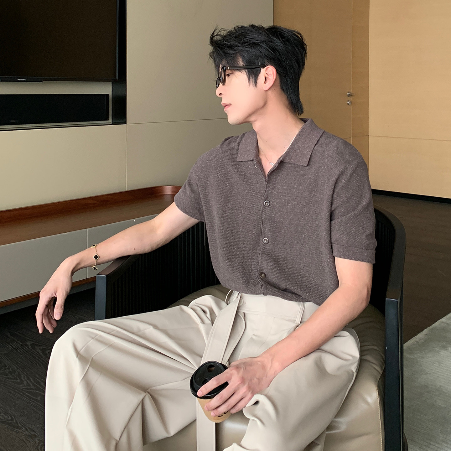 HLDS人夫感穿搭夏季亚麻衬衫男老钱风莱赛尔短袖宽松针织开衫衬衣