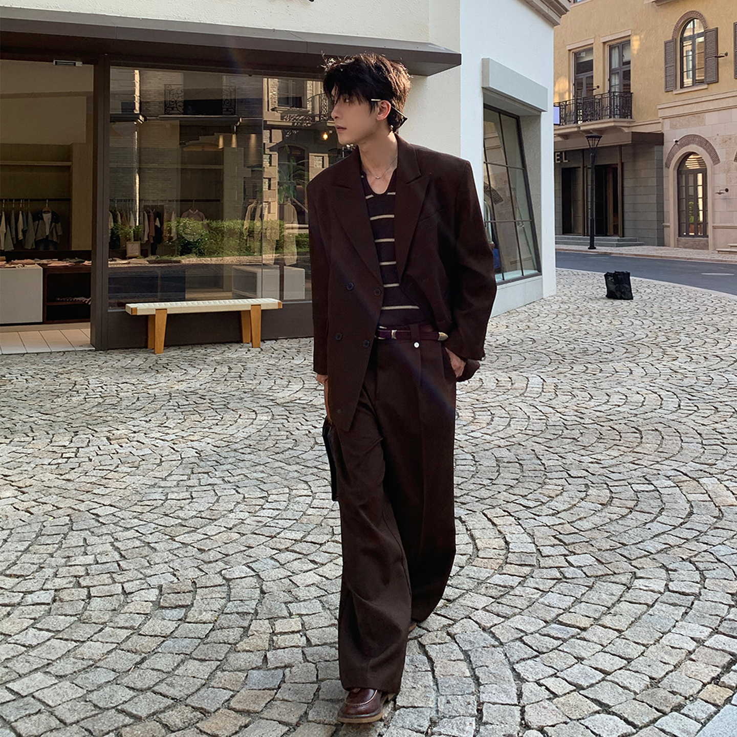 Hualun男生双排扣西装套装男