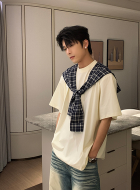 Hualun阳光干净男生穿搭短袖男白T情侣痞帅设计感韩系假两件体恤