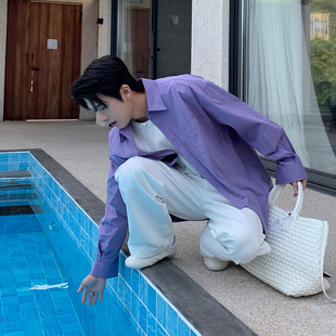 Hualun透气轻量纯棉衬衫 纯色休闲衬衣 男生cleanfit穿搭男上衣韩版