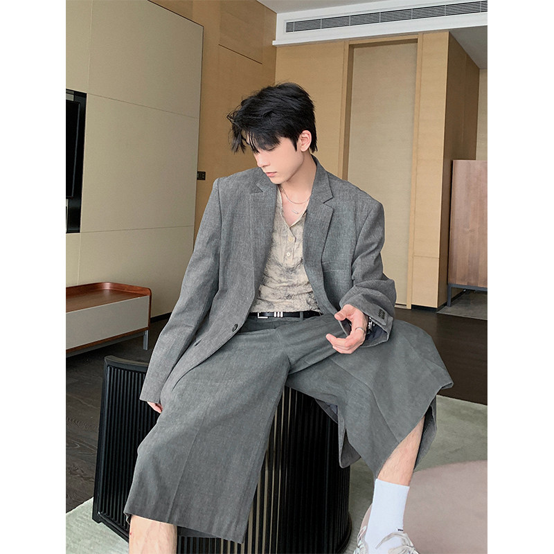 Hualun夏季男生韩版休闲西装西裤男痞帅高级感套装宽松一整套搭配