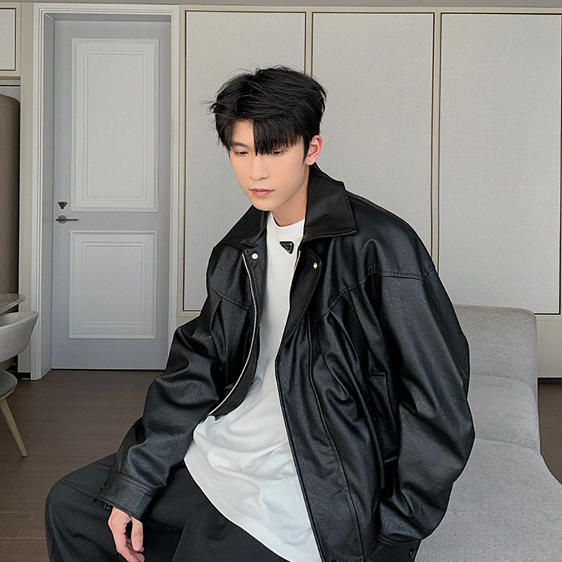 Hualun春秋款痞帅高级感pu皮夹克男装外套韩版潮牌复古机车服皮衣