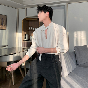 半开襟衬衫 Hualun春秋自带领带设计感衬衣男长袖 透气休闲上衣男装