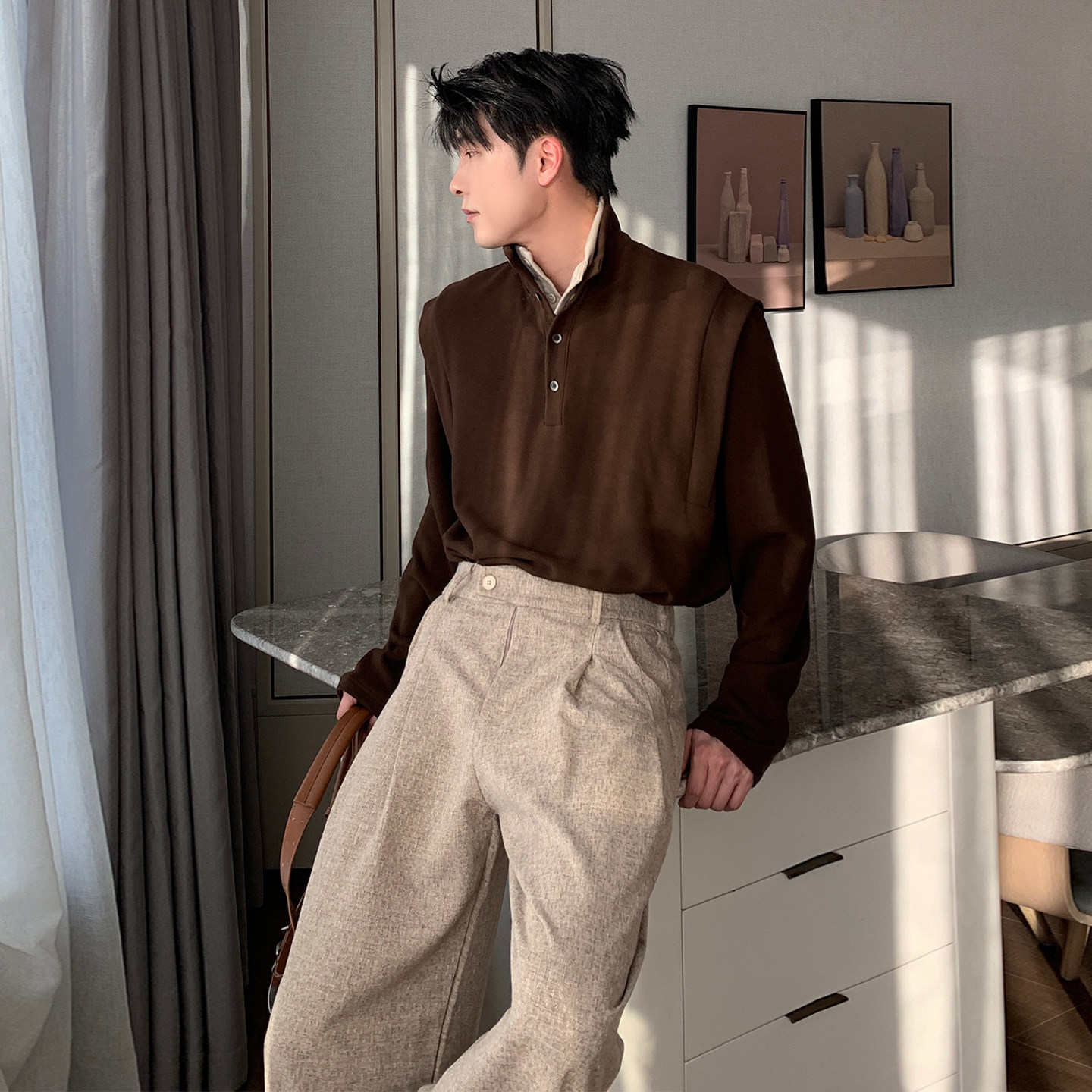 Hualun冬季撞色翻领假两件T恤男士简约时尚宽松高领德绒打底衫男,男装,T恤,淘宝优惠券,粉丝福利购,淘宝优惠卷