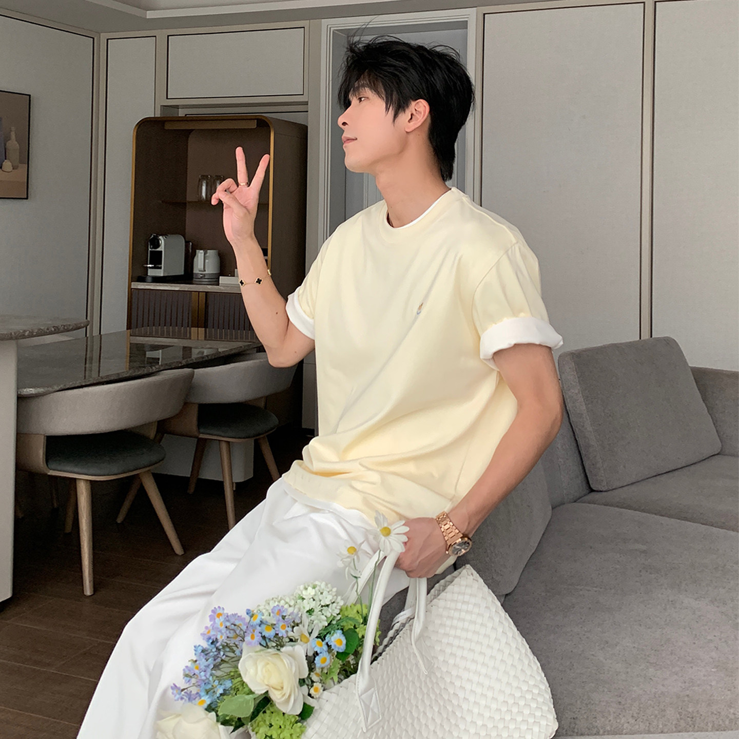 Hualun夏季小马图案正肩t恤男款短袖2026新款夏天上衣男宽松体恤
