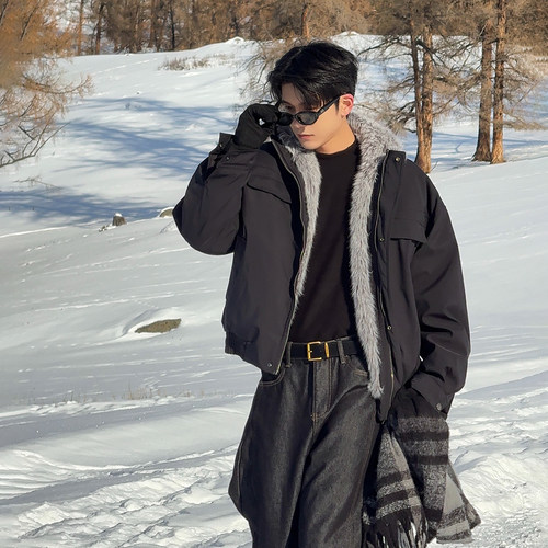 Hualun冬季座山雕毛领羽绒服男