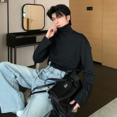 高领打底衫 韩版 潮流纯色上衣百搭体恤 黑色t恤男长袖 Hualun春秋季