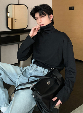 Hualun春秋季黑色t恤男长袖韩版高领打底衫潮流纯色上衣百搭体恤