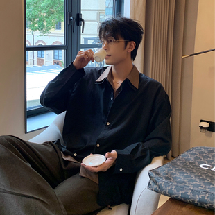 莱赛尔上衣 亚麻衬衣秋季 Hualun人夫感穿搭假两件衬衫 男生宽松长袖