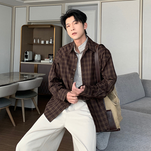 春秋季 男款 假两件上衣男生痞帅衬衣 做旧格纹衬衫 Hualun高级感长袖