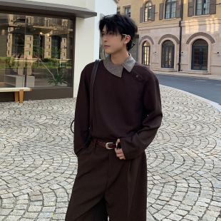 时尚 Hualun斜门襟衬衫 上衣男装 新中式 痞帅风百搭套头衬衣 男生长袖