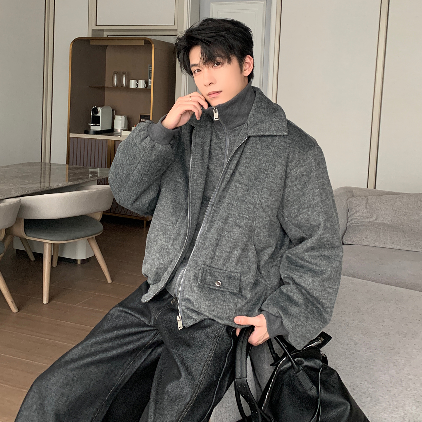 Hualun毛呢假两件羽绒服