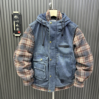 冬季新款男士牛仔拼接假两件羽绒服潮流格子连帽宽松潮牌帅气外套