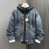 冬季 牛仔拼接假两件加厚羽绒服潮流宽松连帽情侣白鸭绒男外套 新款