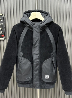 冬季新款连帽薄款棉服男士户外工装大兜时尚灯芯绒条纹拼接男外套
