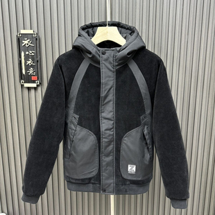 冬季新款连帽薄款棉服男士户外工装大兜时尚灯芯绒条纹拼接男外套