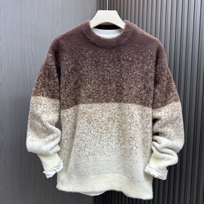 高级感渐变色圆领毛衣男秋冬季复古宽松休闲慵懒风加厚保暖针织衫