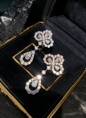 珠宝级～三*叶草水滴耳环loop花园925纯银耳钉满钻轻奢气质耳饰