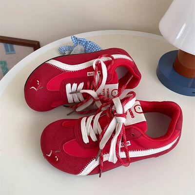 红色德训鞋女复古休闲小白鞋子